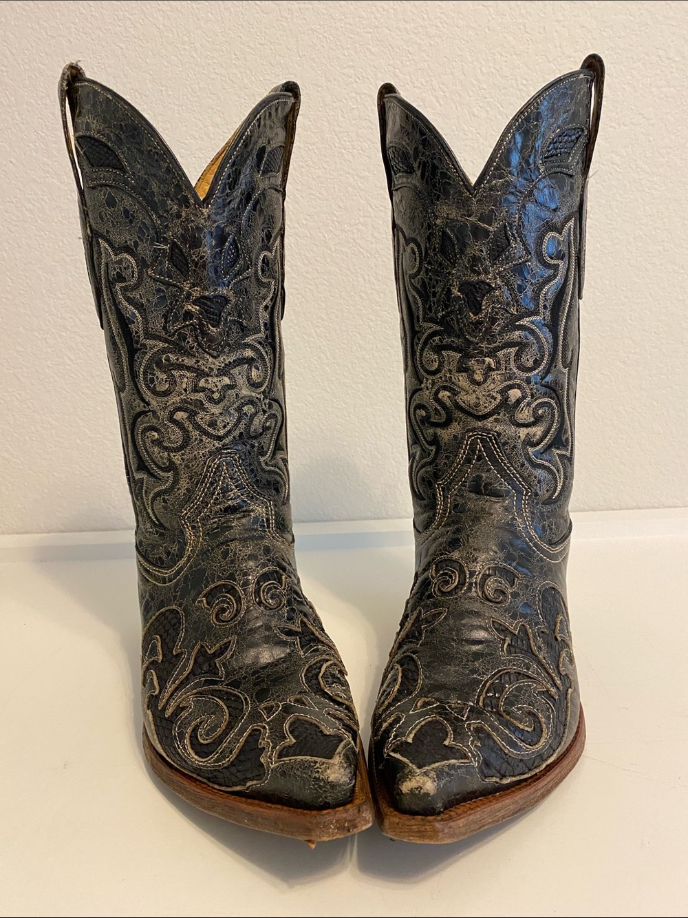 Corral Vintage C2155 Lizard Black Distressed Western Inlay Boots Men’s Size  D9
